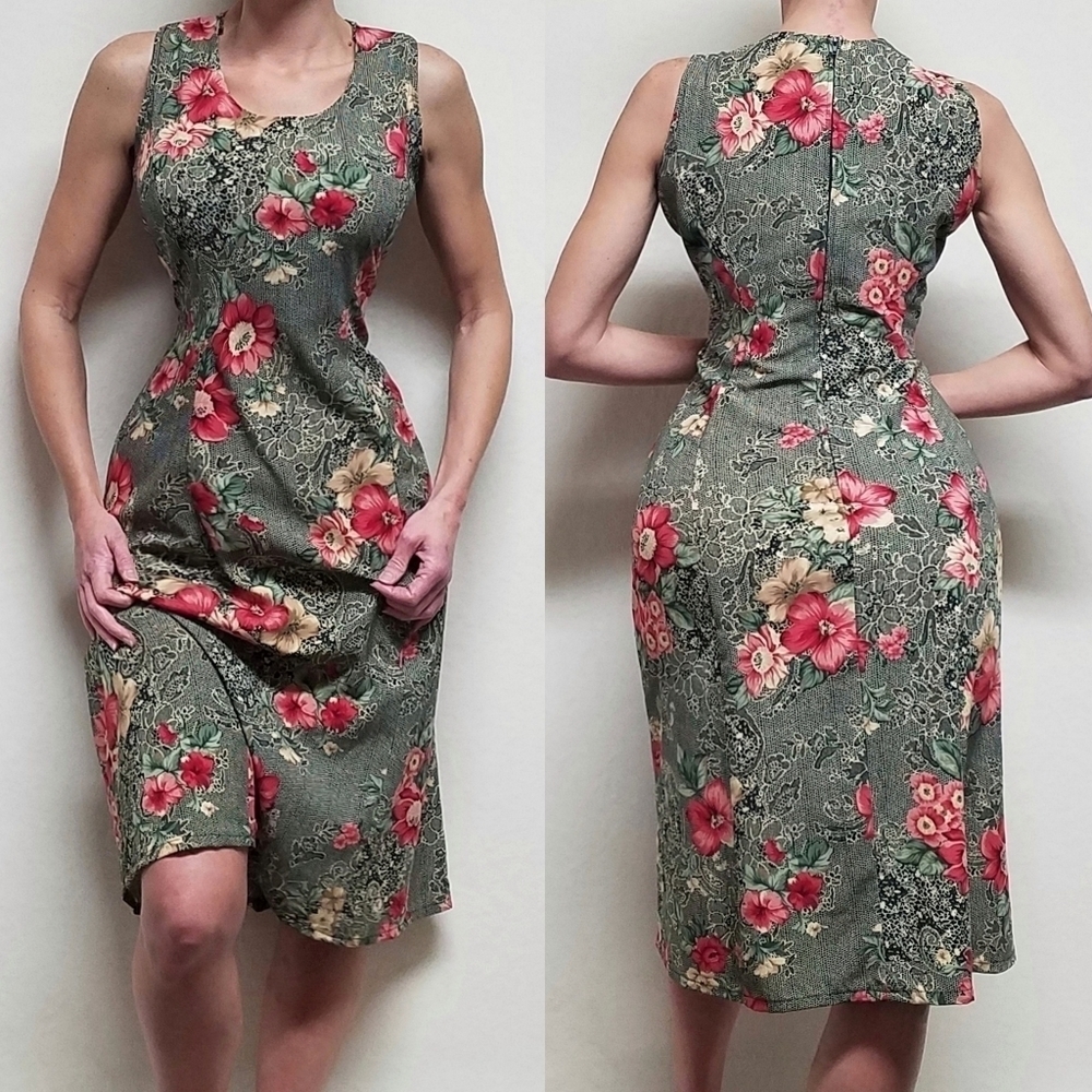 VINTAGE 80s Dorby Boho Black Snakeskin Red Rose Sleeveless A-line Midi Dress 12